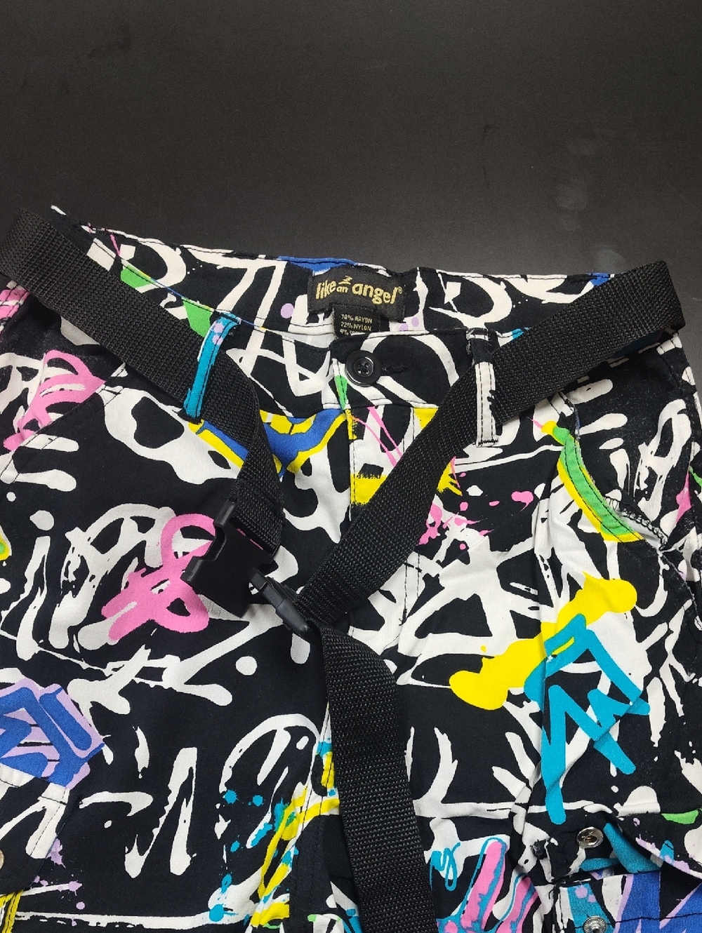 like an angel Black Graffiti-Print Shorts with Multicolor Accents